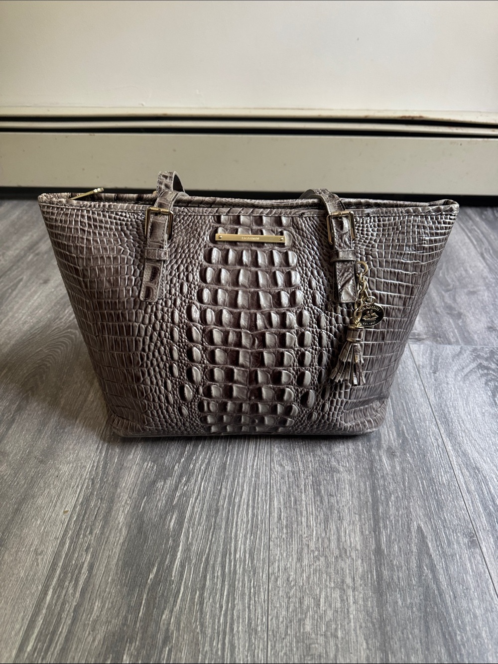 Brahmin Taupe Croc-Embossed Tote with Tassel Charm